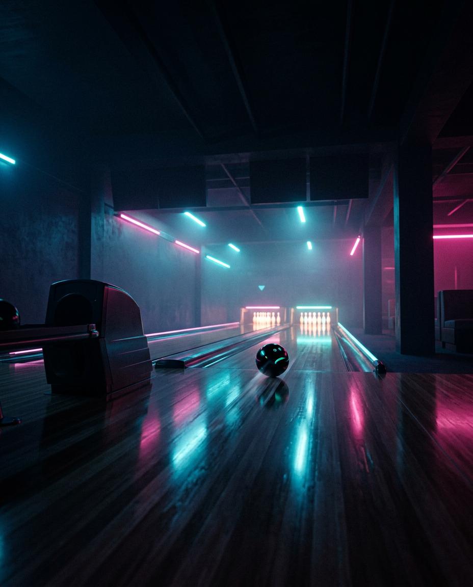 Leere Bowlingbahn in Teal- und Magenta-Licht