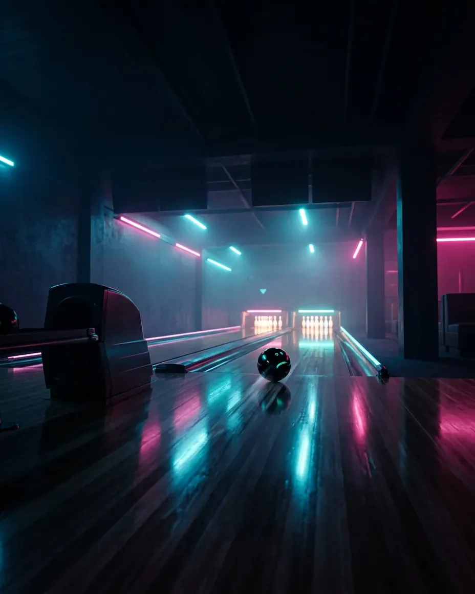 Leere Bowlingbahn im Neonlicht in Türkis und Magenta, eine Kugel unterwegs zu den Pins