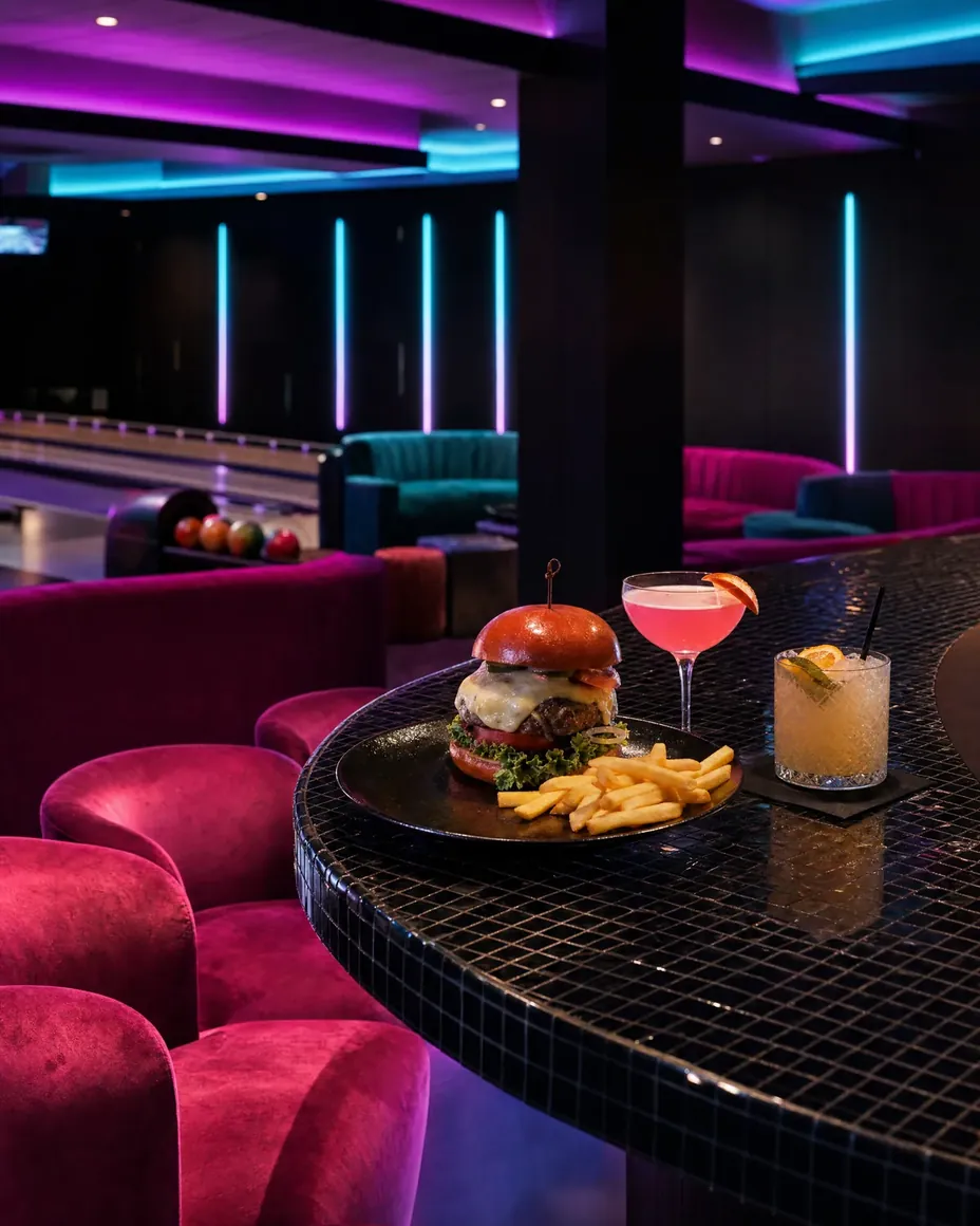 Burger, Pommes und Cocktails auf der schwarzen Mosaik-Theke, dahinter die Bahnen im Neonlicht
