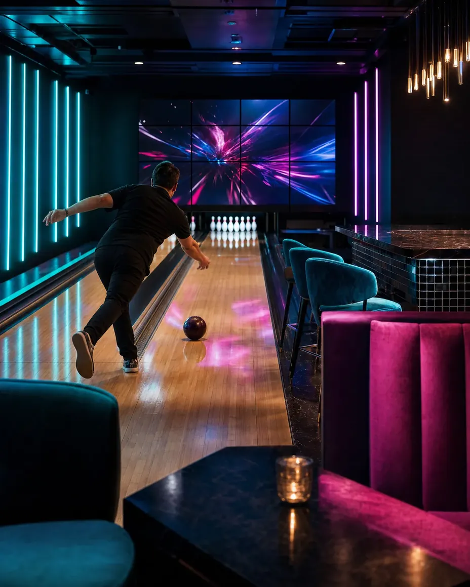 Spieler beim Wurf auf einer Bowlingbahn mit Videowand, daneben die Samt-Lounge