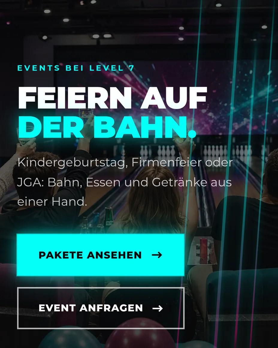 Events-Seite von level7.games auf dem Handy: „Feiern auf der Bahn.“ mit den Knöpfen „Pakete ansehen“ und „Event anfragen“