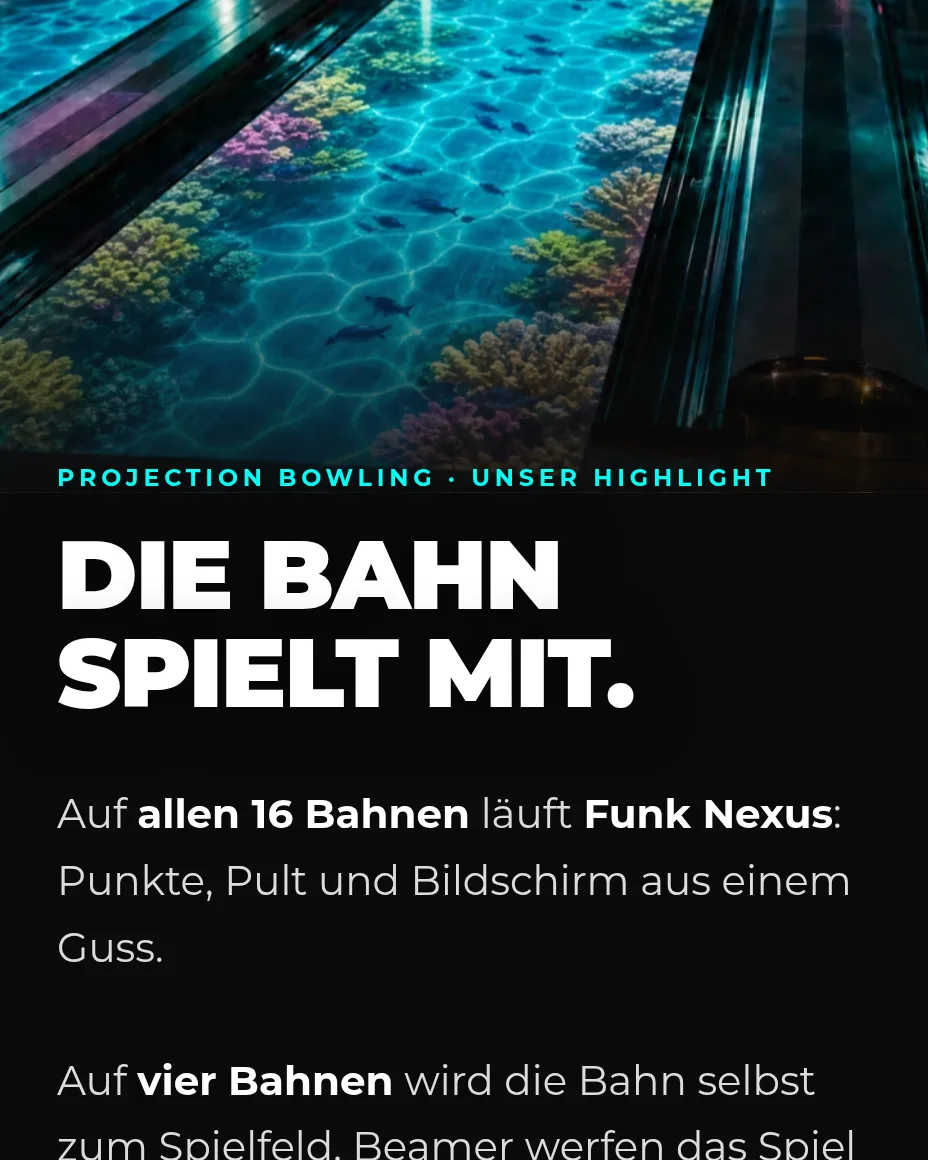 Bowling-Seite von level7.games auf dem Handy: Projection Bowling mit Unterwasser-Projektion auf der Bahn und der Überschrift „Die Bahn spielt mit.“
